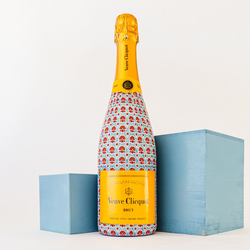 Beau Bottles Veuve Wrap Indian Blockprint Blue Flower